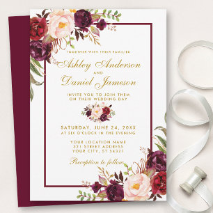 Burgundy Waterverf Floral Gold Wedding Invite BGB Kaart