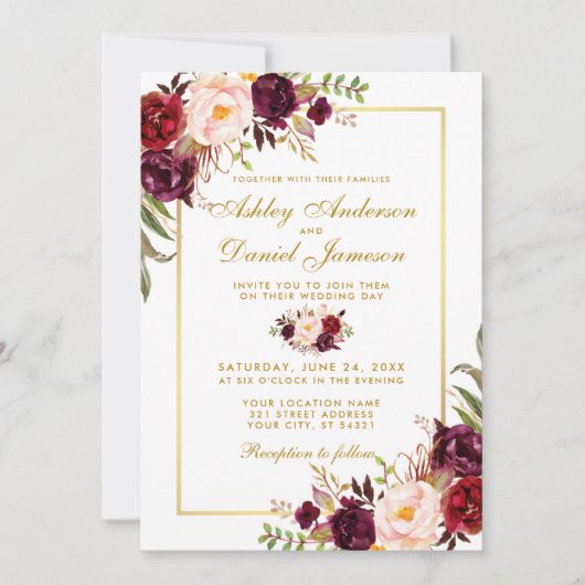 Burgundy Waterverf Floral Gold Wedding Invite G Kaart (Voorkant)