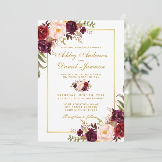 Burgundy Waterverf Floral Gold Wedding Invite G Kaart (Staand voorkant)