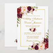 Burgundy Waterverf Floral Gold Wedding Invite G Kaart (Voorkant / Achterkant)