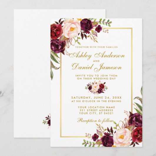 Burgundy Waterverf Floral Gold Wedding Invite G Kaart (Voorkant / Achterkant)