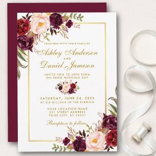 Burgundy Waterverf Floral Gold Wedding Invite GB Kaart