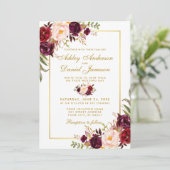 Burgundy Waterverf Floral Gold Wedding Invite GB Kaart (Staand voorkant)