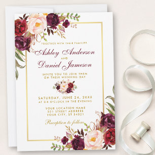 Burgundy Waterverf Floral Gold Wedding Kaart