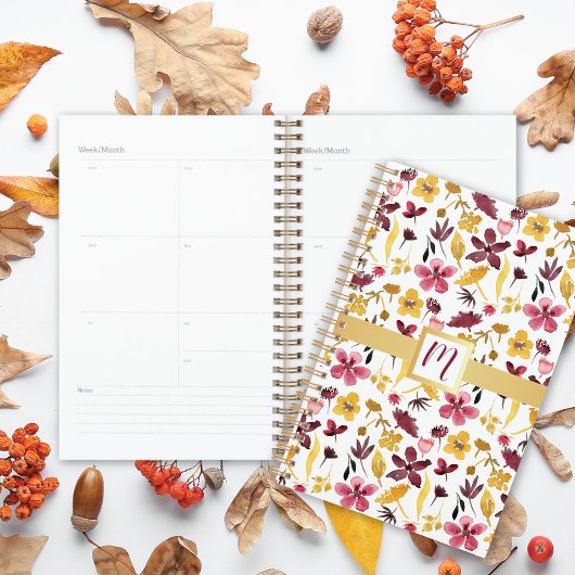 Burgundy Waterverf Floral Monogram Planner