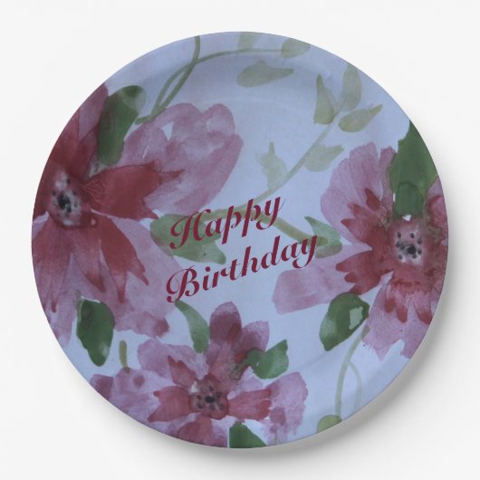 Burgundy Waterverf Floral Pattern Papieren Bordje (Voorkant)