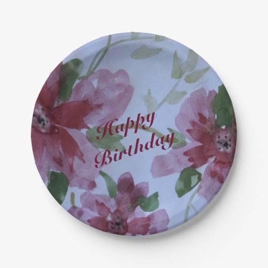 Burgundy Waterverf Floral Pattern Papieren Bordje (Voorkant)