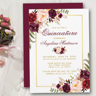 Burgundy Waterverf Floral Quinceanera Gold Kaart