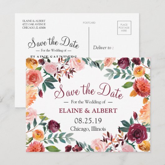 Burgundy Waterverf Floral redt het Briefkaart Datu (Voorkant / Achterkant)