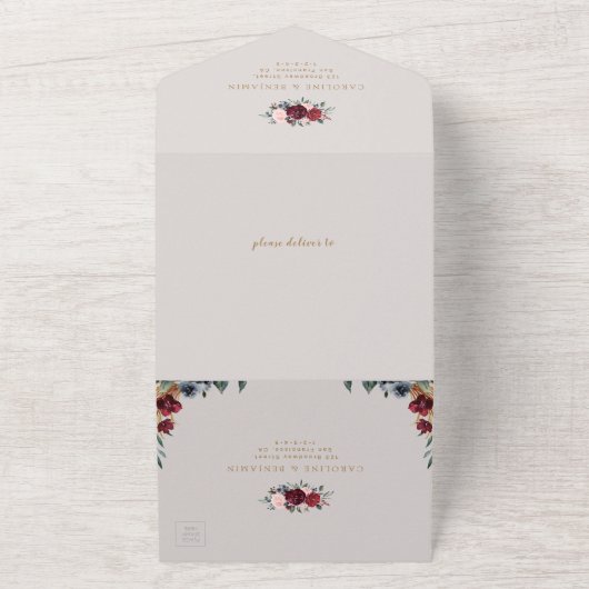 Burgundy waterverf floral rustic boho bruiloft al all in one uitnodiging (Buitenkant)