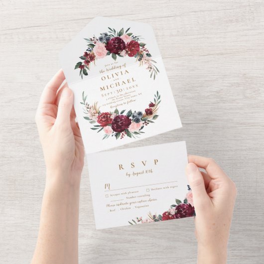 Burgundy waterverf floral rustic boho bruiloft al all in one uitnodiging (Afscheurbaar)