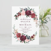 Burgundy waterverf floral rustige boho bruiloft kaart (Staand voorkant)