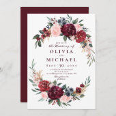 Burgundy waterverf floral rustige boho bruiloft kaart (Voorkant / Achterkant)