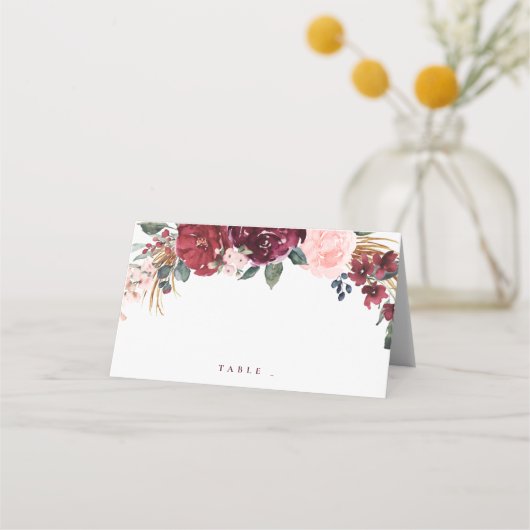 Burgundy waterverf floral rustige boho bruiloft plaatskaartje (Voorkant)