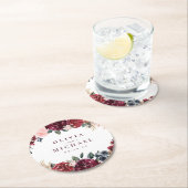 Burgundy waterverf floral rustige boho bruiloft ronde kartonnen onderzetter (Insitu)