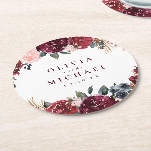 Burgundy waterverf floral rustige boho bruiloft ronde kartonnen onderzetter (Gebogen)