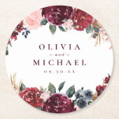 Burgundy waterverf floral rustige boho bruiloft ronde kartonnen onderzetter (Voorkant)