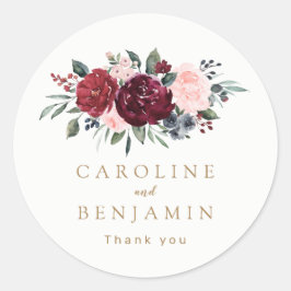 Burgundy waterverf floral rustige boho bruiloft ronde sticker