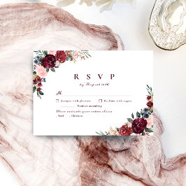 Burgundy waterverf floral rustige boho bruiloft RSVP kaartje
