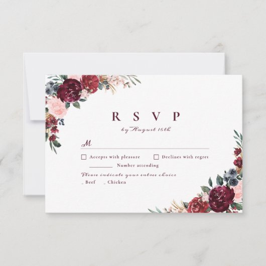 Burgundy waterverf floral rustige boho bruiloft RSVP kaartje (Voorkant)