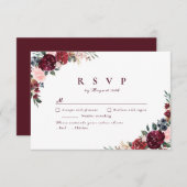 Burgundy waterverf floral rustige boho bruiloft RSVP kaartje (Voorkant / Achterkant)