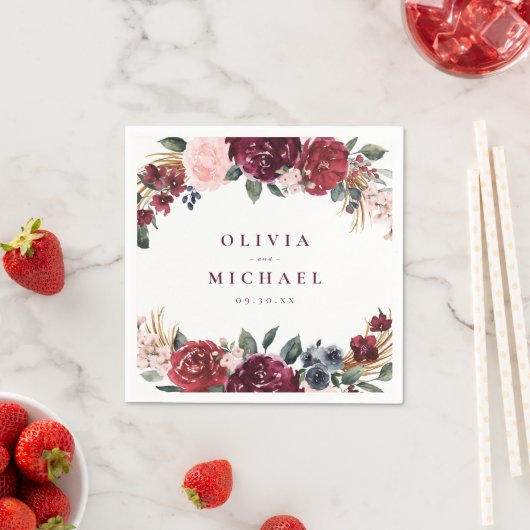 Burgundy waterverf floral rustige boho bruiloft servet (Insitu)