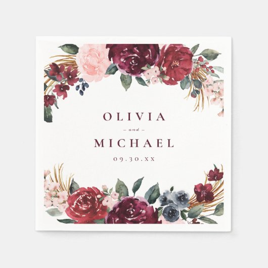Burgundy waterverf floral rustige boho bruiloft servet (Voorkant)
