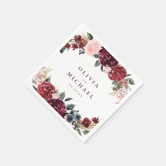 Burgundy waterverf floral rustige boho bruiloft servet (Hoek)