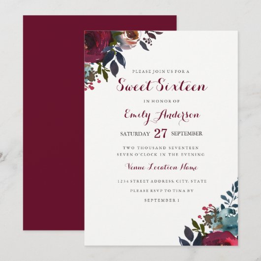 Burgundy Waterverf Floral Sweet Sixteen Invite Kaart (Voorkant / Achterkant)