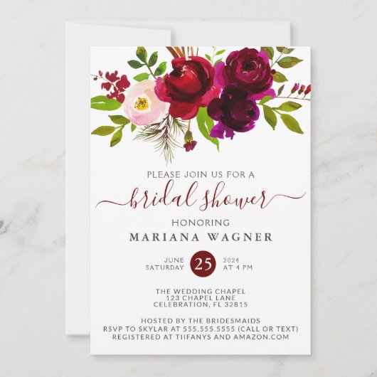 Burgundy Waterverf Floral Vrijgezellenfeest Kaart (Voorkant)