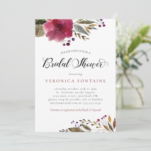 Burgundy Waterverf Floral Vrijgezellenfeest Kaart (Staand voorkant)