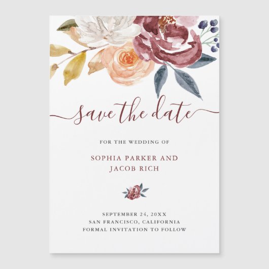 Burgundy Waterverf Floral | Weddenschap Opslaan da (Voorkant)