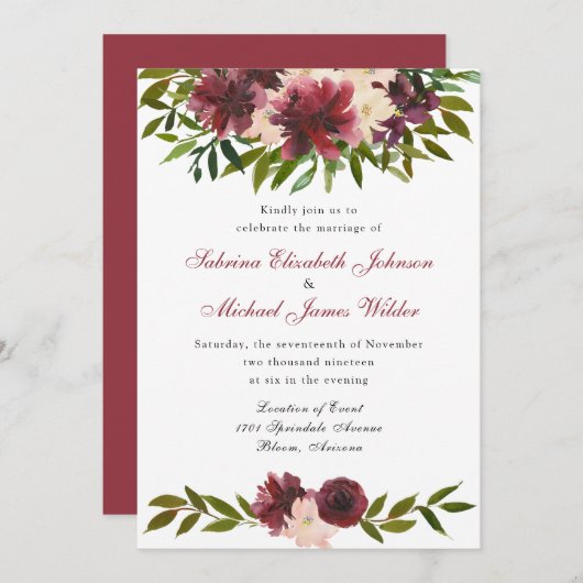 Burgundy Waterverf Floral Wedding Kaart (Voorkant / Achterkant)
