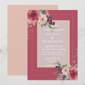 Burgundy Waterverf Floral Wedding Kaart (Voorkant / Achterkant)