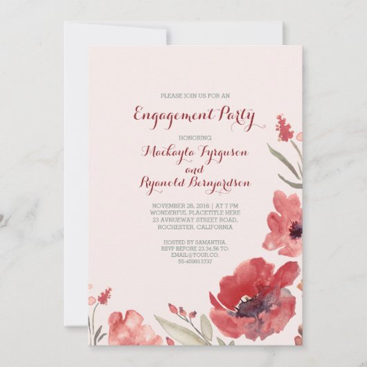 Burgundy Waterverf Florals Cute Engagement Party Kaart (Voorkant)