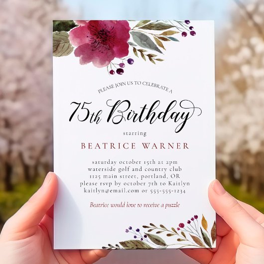 Burgundy Waterverf Flowers 75th Birthday Kaart