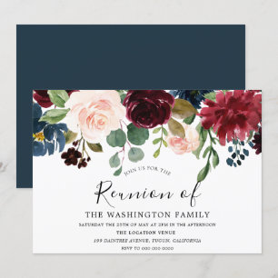Burgundy Waterverf Flowers Family Reunion Invite Kaart