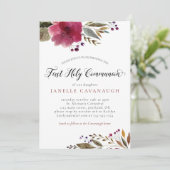 Burgundy Waterverf Flowers First Heilige Communie Kaart (Staand voorkant)