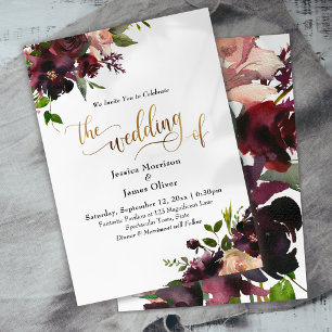 Burgundy Waterverf Flowers Gold Calligrafie Kaart