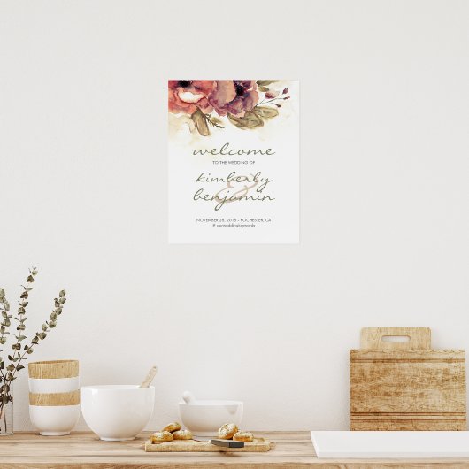 Burgundy Waterverf Flowers Weddenschap Welkomsttek Poster (Keuken)