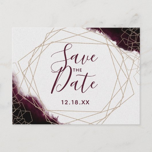Burgundy Waterverf Geometrisch Frame Save the Date Aankondigingskaart (Voorkant)