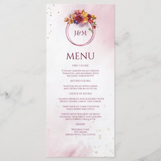 Burgundy Waterverf Herfst Bouquet Elegant Wedding Menu (Voorkant)