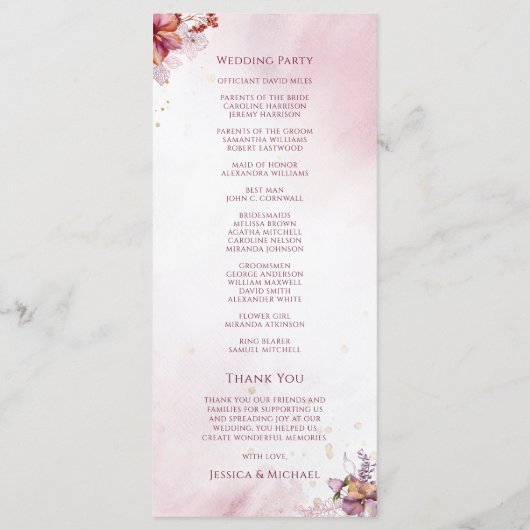 Burgundy Waterverf Herfst Bouquet Elegant Wedding Programmakaart (Achterkant)