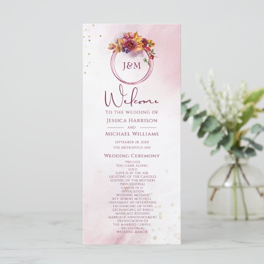 Burgundy Waterverf Herfst Bouquet Elegant Wedding Programmakaart (Staand voorkant)