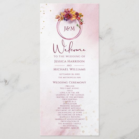 Burgundy Waterverf Herfst Bouquet Elegant Wedding Programmakaart (Voorkant)