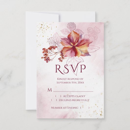 Burgundy Waterverf Herfst Bouquet Elegant Wedding RSVP Kaartje (Voorkant)