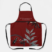 Burgundy Waterverf Leaves + Jouw naam Kitchen Schort (Voorkant)