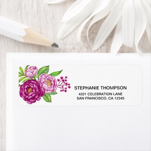 Burgundy Waterverf Peonies Return Address Labels (Insitu)