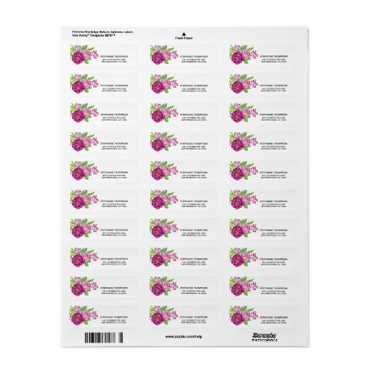 Burgundy Waterverf Peonies Return Address Labels (Full Sheet)