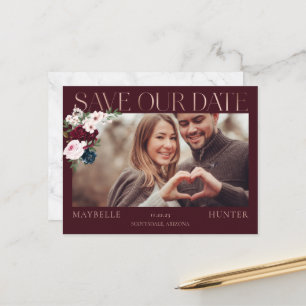 Burgundy Waterverf Roos Gold Save Our Date Photo Aankondigingskaart